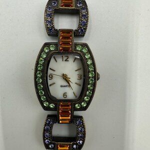 LA Vintage Rhinestone Watch Women Bronze Tone Green Purple New Battery 6.75 Inch